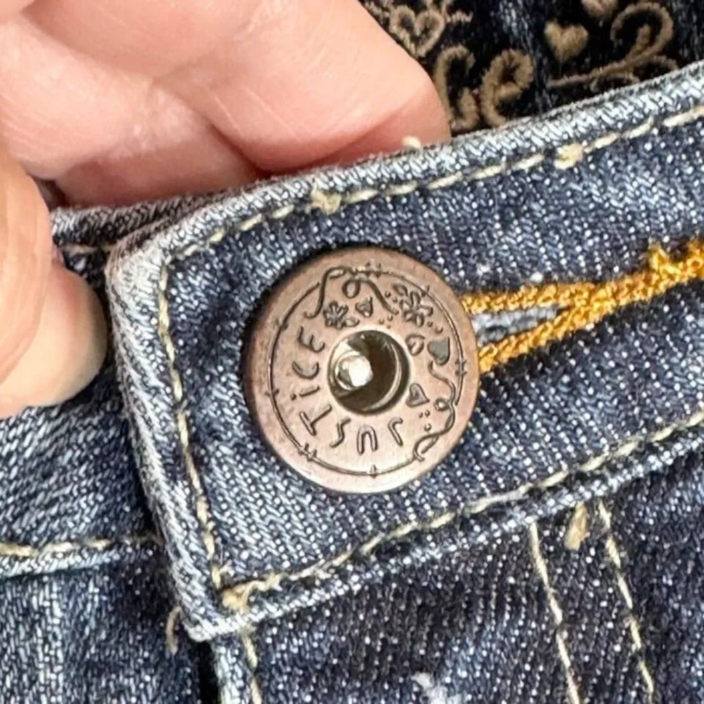Vintage Justice Girls Jeans Size 12 Distressed Y2K Embroidered Pocket Low Rise